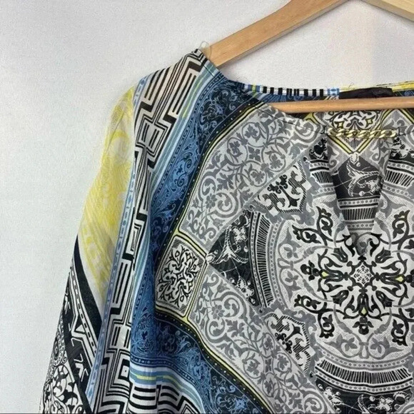 Hale Bob Blue & Yellow Kaftan Boxy Silk Short Sleeve Blouse XS - Picture 3 of 5